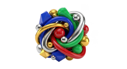 Abstract Intertwined Geometric Shapes with Spheres and Polyhedrons in Vibrant Colors graphic design isolated on a transparent background