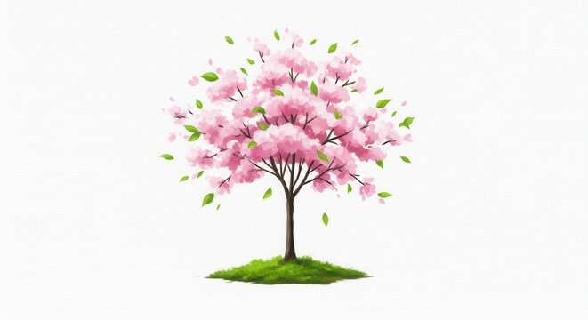 Beautiful pink cherry blossom tree blooming in spring on green grass patch