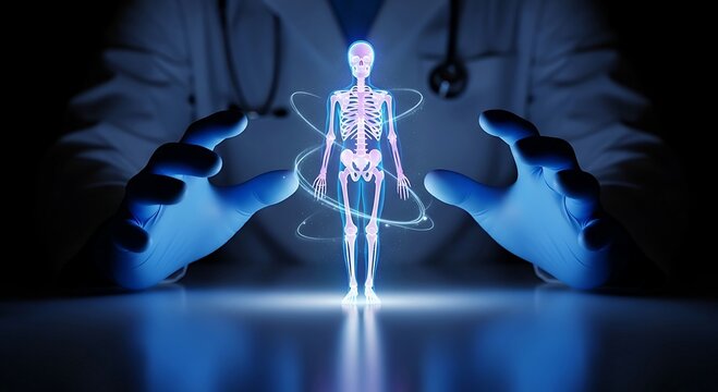 Futuristic Doctor Examining a Glowing Holographic Human Skeleton.