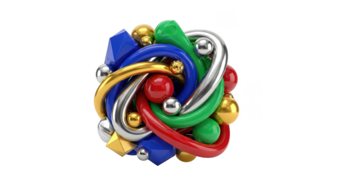 Abstract Intertwined Geometric Shapes with Spheres and Polyhedrons in Vibrant Colors graphic design isolated on a transparent background