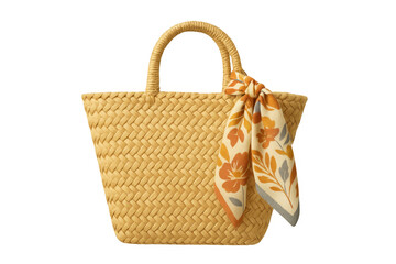 Woven straw bag with floral scarf accessory