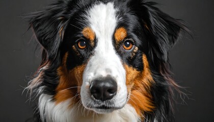 Fototapeta premium Close-up studio portrait of a tri-colored dog gazing directly at the viewer with brown eyes