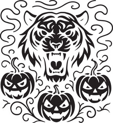Obraz premium Fierce tiger head surrounded by spooky jack o lanterns and swirling smoke for halloween