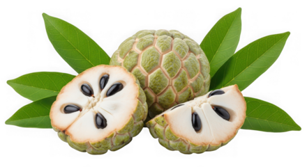 Fresh custard apple and its halves with green leaves, tropical fruit