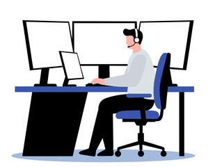 man, working, computer, office, desk, headset, monitors, multiple, technology, professional, job, work, remote, business, illustration, vector, flat, design, icon, graphic, person, adult, male, employ