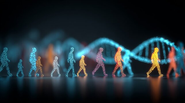 Decoding the future: advanced digital dna analysis. Online networking idea. A kaleidoscope of dna displays in a futuristic lab setting for genetic research. Networking people silhouettes.