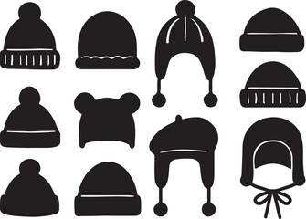 Set of cute clothes for winter and autumn silhouette vector illustration. winter hats set for boys and girls in cold weather