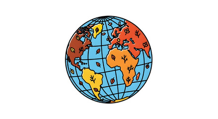 Doodle Earth globe illustration with autumn leaves, isolated world map concept.