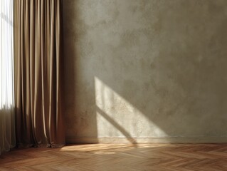 A room with a tan wall and a tan curtain. The curtain is open and the sun is shining on the wall