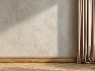 A room with a tan wall and wooden floor. There is a curtain on the window. The room is empty