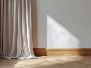 A white curtain is hanging in front of a white wall. The curtain is made of a light, sheer material and is draped over a wooden baseboard. The room is empty, with no furniture or decorations visible