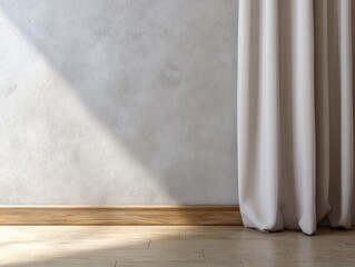A white curtain is hanging in front of a white wall. The curtain is made of a light, sheer material and is draped over a wooden base. The wall is made of a smooth, white plaster