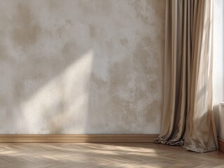 A white wall with a tan paint. A wooden floor. A curtain is hanging on the wall