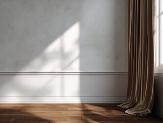 A room with a white wall and a tan curtain. The curtain is open and the sunlight is shining on the floor