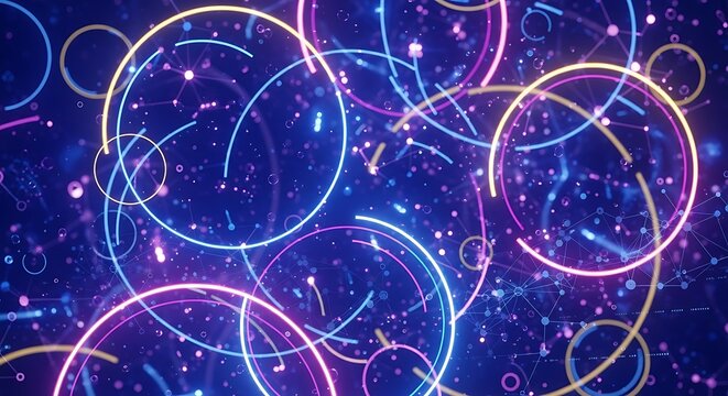 Vibrant Neon Circles and Particles Abstract Background.