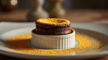 Rich Chocolate Dessert with Vibrant Yellow Garnish on Elegant White Plate
