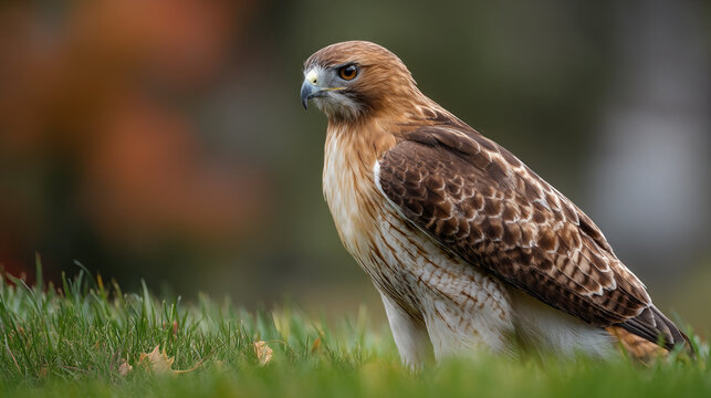 Close up of a red tailed hawk perched on green grass with a blurred background view