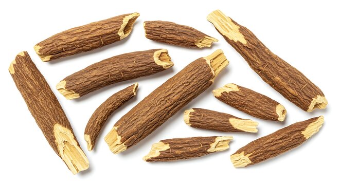 Close-up studio shot of multiple licorice root sticks against a stark white backdrop