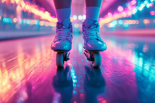 Person Wearing Shiny Roller Skates Dancing Indoors With Neon Lights Retro Disco Vibes And Fun Motion Generative AI