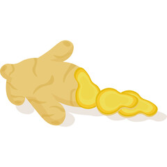 Flat cartoon graphic of a ginger root with sliced pieces on a white background healthy food illustration for culinary or health related concepts