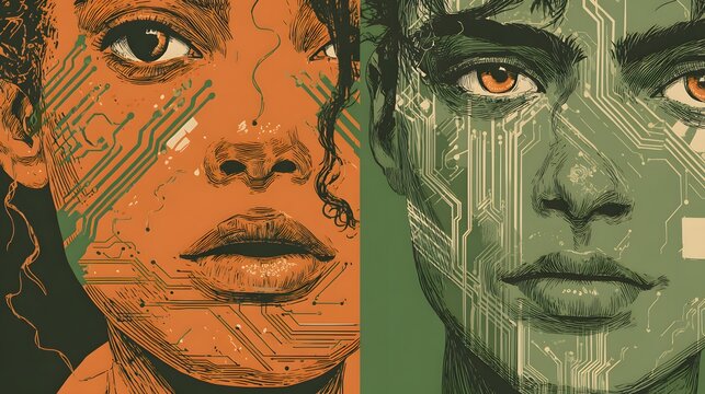 Symmetrical composition depicts faces overlaid with electronic circuit patterns in contrasting colors
