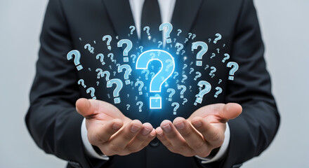Businessman Holding Glowing Question Marks in Hands Concept.