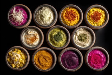 Exquisite array of colorful dips emphasizing culinary artistry and diverse flavors displayed in rustic bowls against a dramatic black backdrop enhancing visual appeal