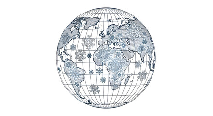 Global Winter Earth Map Illustration with Snowflakes. World Travel Concept.