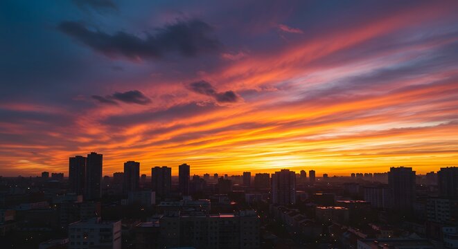 City skyline silhouettes against a vibrant, fiery sunset with streaked clouds - Powered by Adobe