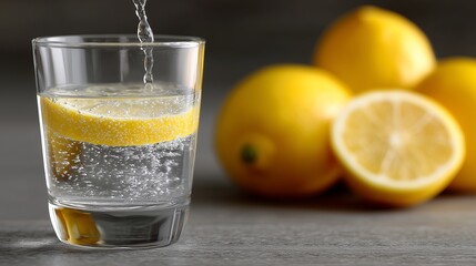 Refreshing glass of sparkling water with lemon slice, surrounded by fresh lemons on wooden surface, showcasing vibrant colors and inviting beverage presentation