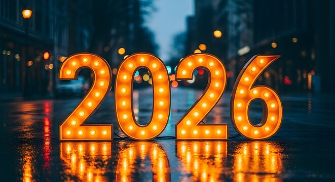 Bright illuminated marquee numbers spelling out the year 2026 glowing warmly on a wet city street at night reflecting light