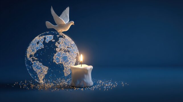 A candle burning as a tribute to peace over a world globe