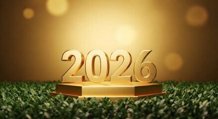 Golden 3d numbers of the year 2026 prominently displayed on a hexagonal podium with a blurred golden bokeh background and green grass foreground