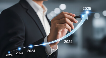 Business Growth Projection - Man Drawing Upward Trend with Future Dates.