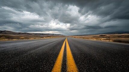 Open asphalt highway stretches toward the horizon under a dramatically clouded sky