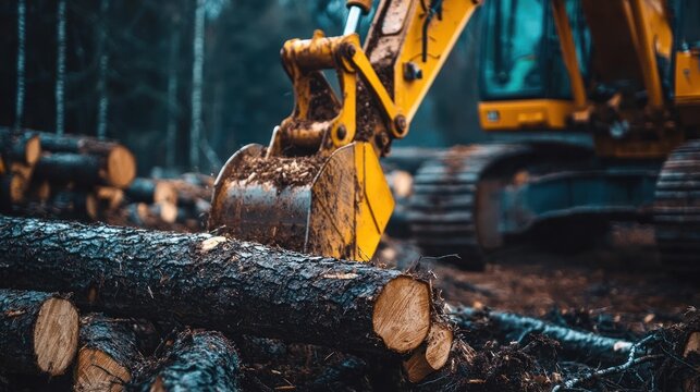 A close-up of trees being cut down by heavy machinery in a forest, symbolizing the rapid loss of natural habitats.
