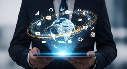 Businessman holding tablet with global technology and communication icons.
