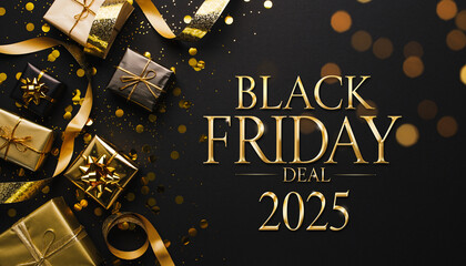 Black Friday Deals 2025 Festive Holiday Background with Presents and Gold Accents