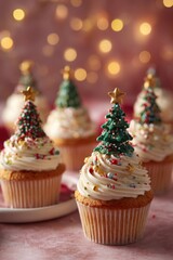 Festively decorated cupcakes topped with miniature Christmas trees and colorful sprinkles, set against a soft bokeh background, creating a joyful holiday atmosphere