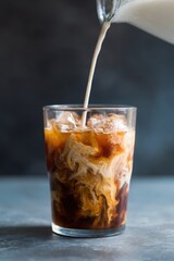 Iced coffee drink with swirling milk being poured into a glass filled with ice, showcasing a rich blend of colors and textures in a refreshing beverage experience