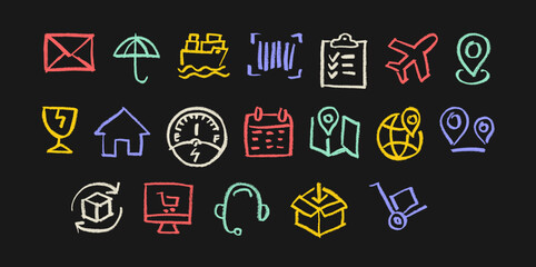 Shipping Transport And Cargo Related Icons Crayon Chalk Drawing Doodle Vector Set