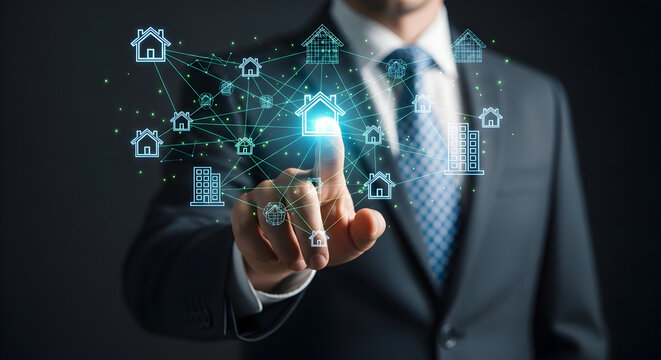 Smart Home Technology Integration - Businessman Navigating Connected Home Network.