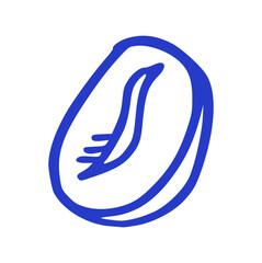 Hand Drawn Single Coffee Bean, Blue Doodle on White Background. Doodle and Sketchy Style, Cafe, Ingredient, Raw, Roasted, Morning, Energy, Organic