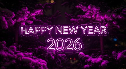 Bright neon sign saying happy new year 2026 illuminating a dark background with vibrant purple smoke or fog effects