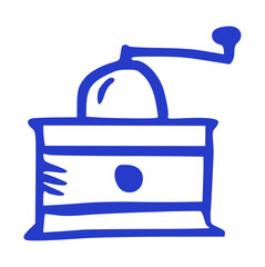 Hand Drawn Manual Coffee Grinder, Blue Doodle on White Background. Doodle and Sketchy Style, Cafe, Barista, Brewing, Kitchen, Vintage, Equipment, Fresh