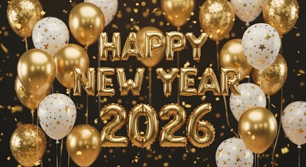 Golden balloons and confetti create a festive atmosphere for a happy new year 2026 celebration with shimmering lights and a dark background