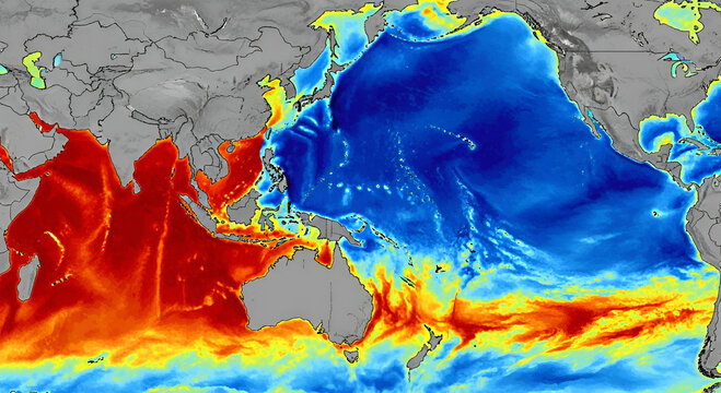 A world map showing ocean temperatures, with red indicating warmer waters and blue indicating cooler waters.