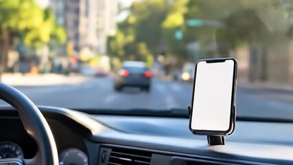 Modern smartphone mounted on car dashboard with blank screen for app interface navigation or communication - Powered by Adobe