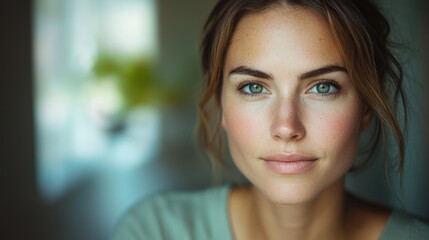 A closeup serious portrait of a woman, gazing directly at the camera with a thoughtful expression.