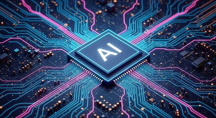 Ai chip on a circuit board with blue and pink lines suggesting advanced technology and connectivity